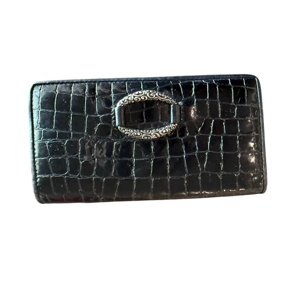 Brighton Handbags - Brighton Black Croc Patent Leather Wallet Clutch Silver Accents 7.25x3.5